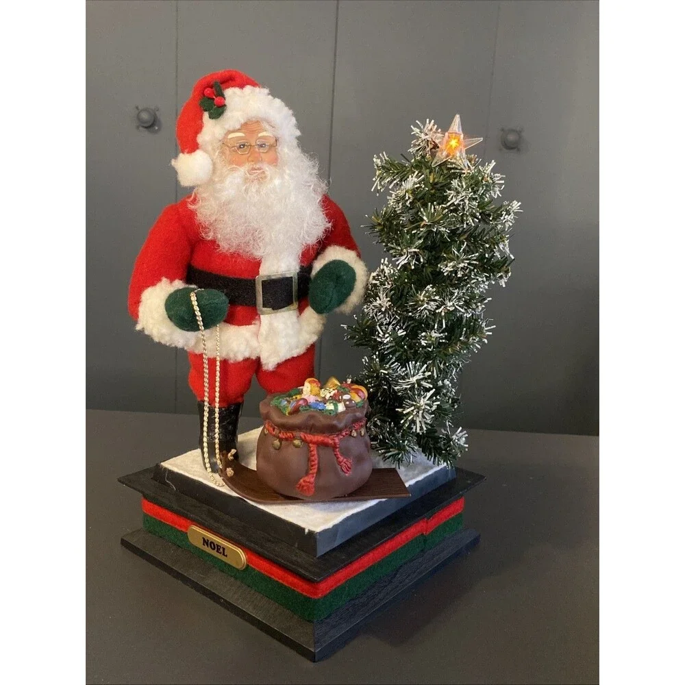 Vintage Musical Christmas Holiday Scene SANTA CHRISTMAS LIGHTED TREE BAG GIFTS